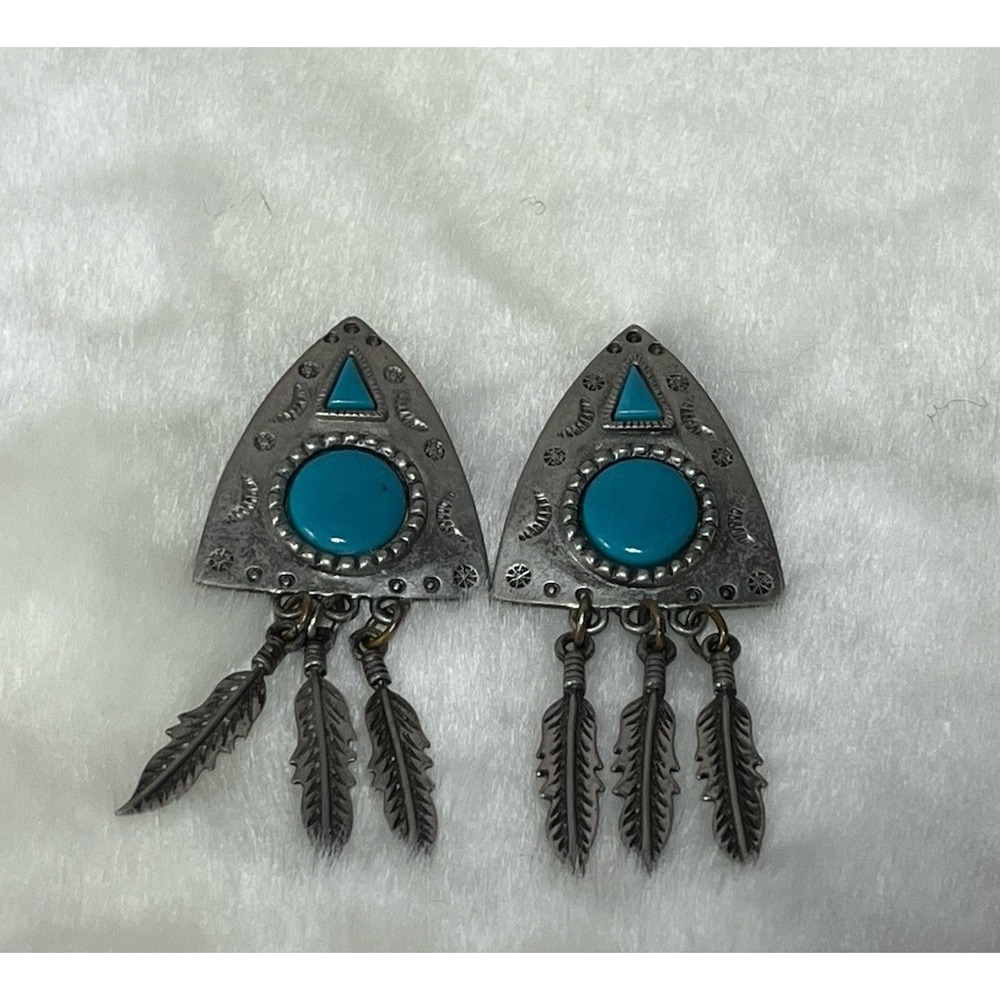 Southwest Jonette Jewelry Signed 1988 Pierced Earrings Arrowhead Pewter Feathers